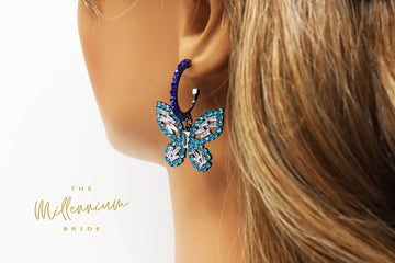 CZ Blue Butterfly Earrings, Swarovski Crystal Earrings, Statement Earrings, Rhinestones Hoop Earrings.